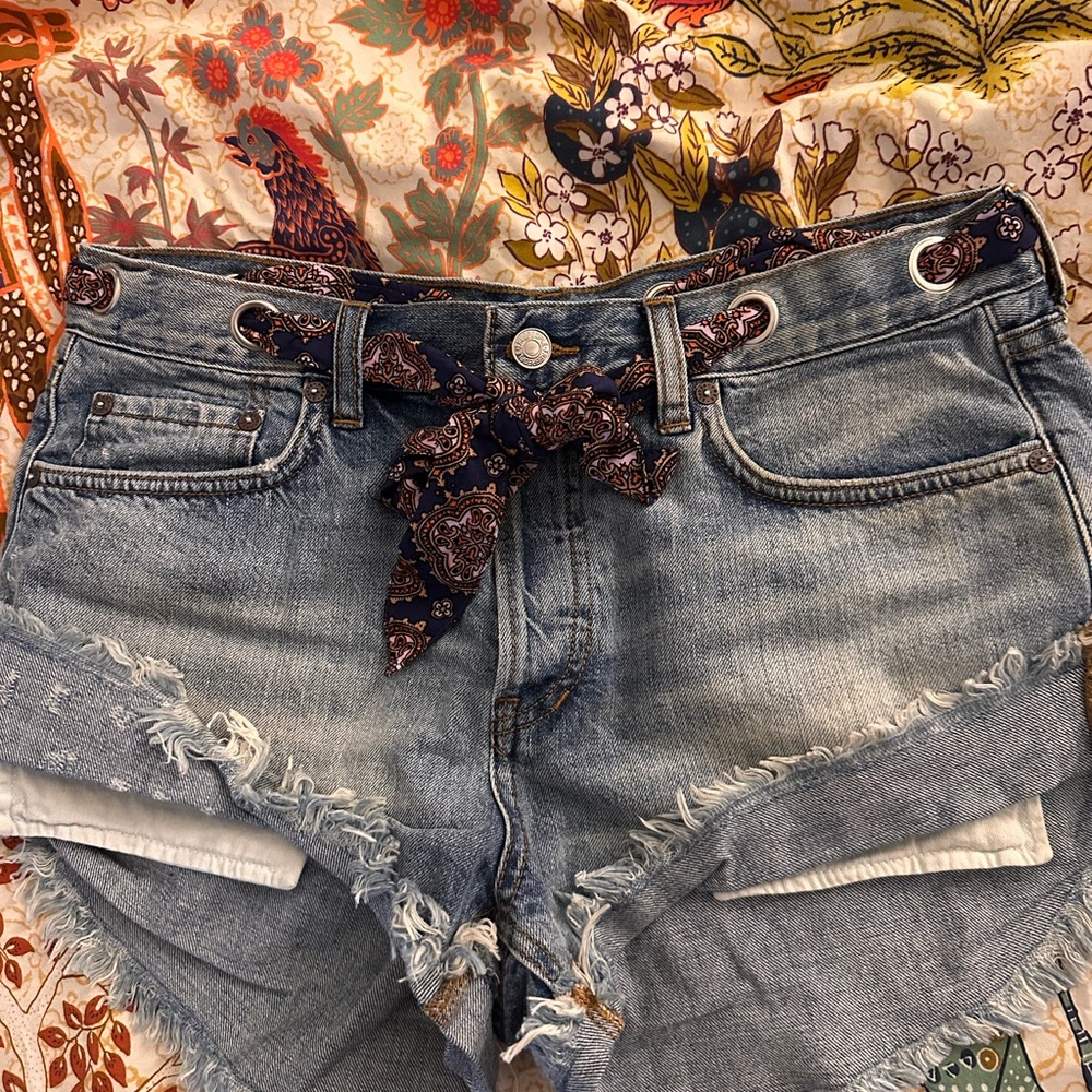 Free People Blue Distressed Jean Shorts with Paisley Accent